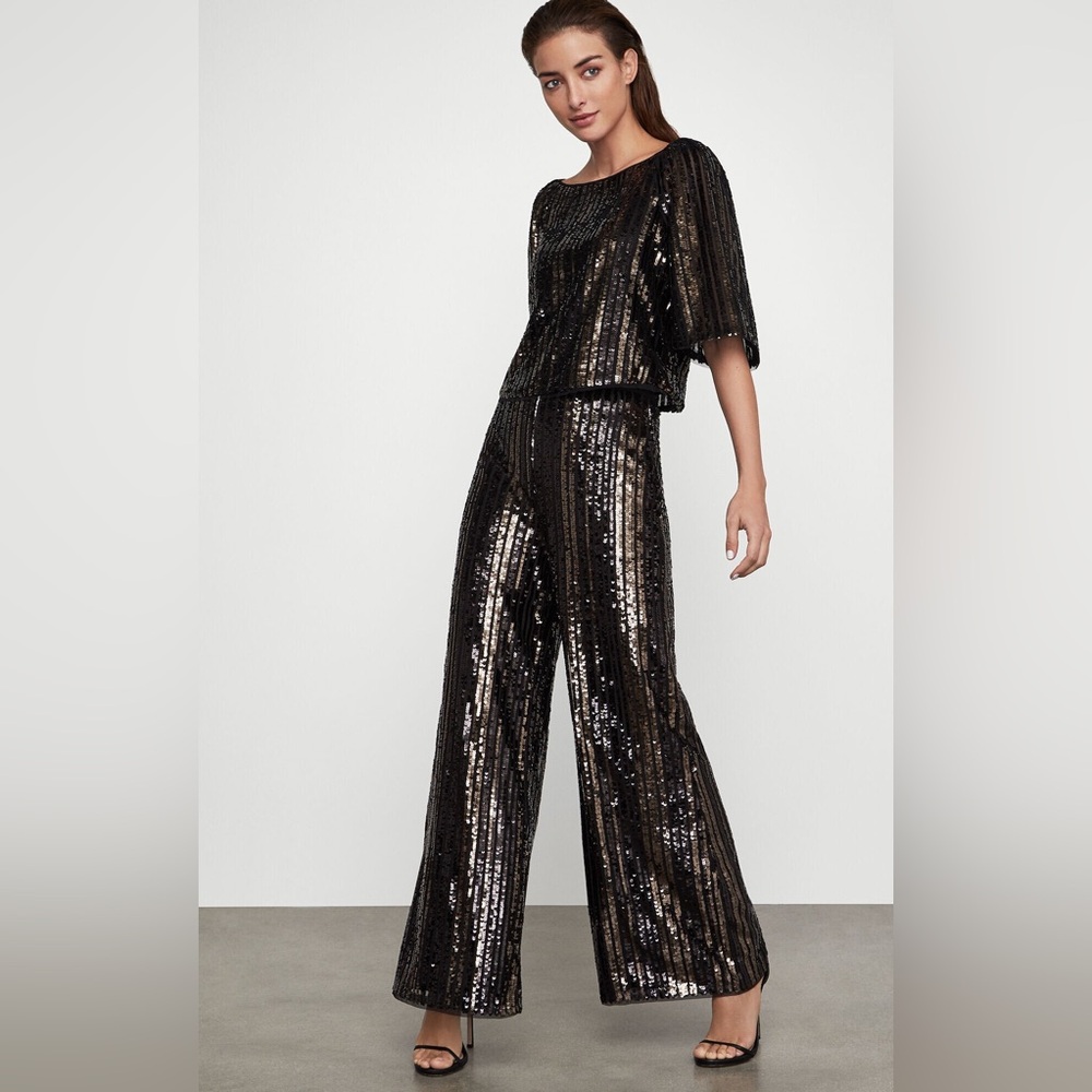 Nwt Bcbgmaxazria Bronze Combi Sequin Pant Top Wide Leg Set Xxs